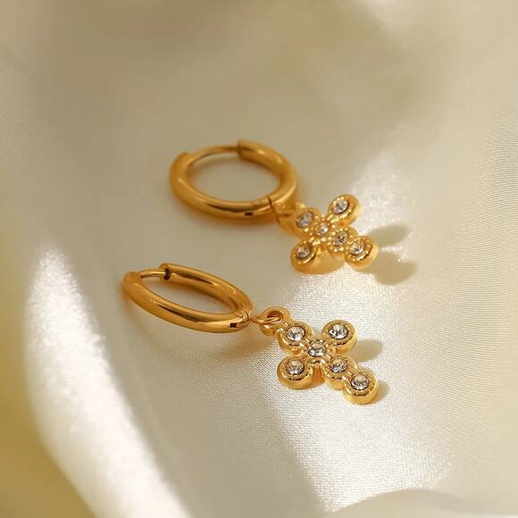 Zircon Cross Dangle Hoop Earrings 18K Gold Plated Stainless‎ Steel - Picture 3 of 8